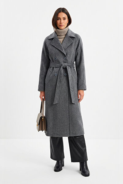 Soydan Güner Antrasit Reglan Kol Belden Oturtmalı Yırtmaçlı Alpaka Tuşeli Uzu...