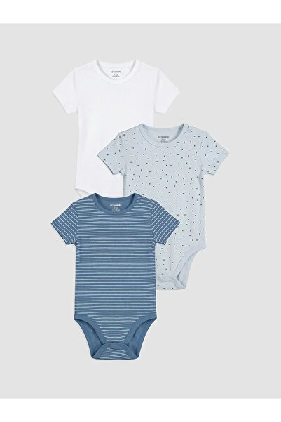 LC Waikiki Lcw Baby Blue Patterned Baby Boy Short Sleeve Snap Body 3-Pack