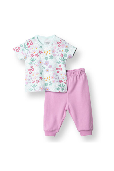 ebebek Hello Baby HelloBaby HelloBaby Kız Bebek Tshirt-Patiksiz Alt Çiçek Baskılı Çıtçıtlı Bisiklet Yaka Uzun Paça Kıs