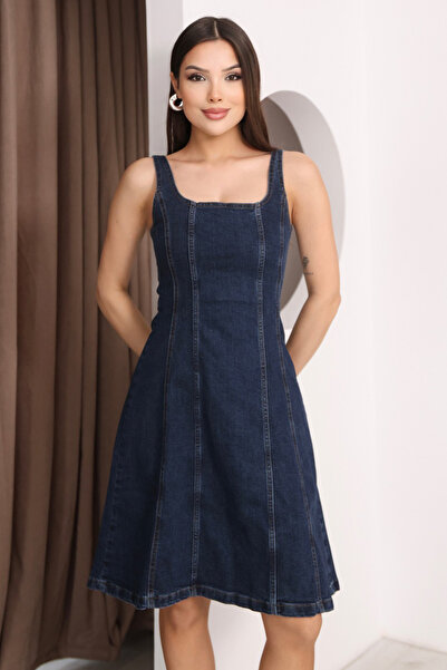 BLUE NATIONAL JEANS Nova Midi Boy Gece Mavi Askılı Kadın Kot Elbise BNJ-4990