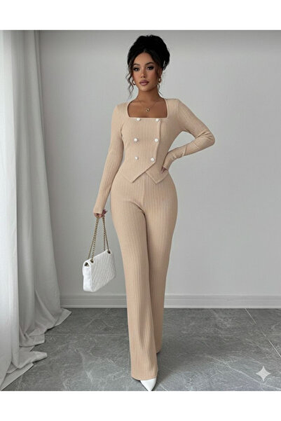 Sisa Butik İthal Bürümcük Kumaş Düğme Detaylı Ikili Takım