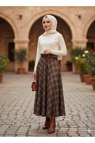 Marjinal Kadın Ekose Kemer Detaylı Etek