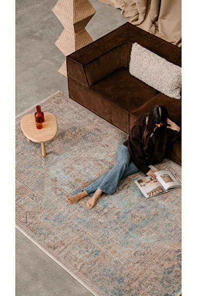 Vog Halı Patina Etnik Desen Klasik Vintage Kabartmalı Gri Mavi Sık Dokuma Mod...