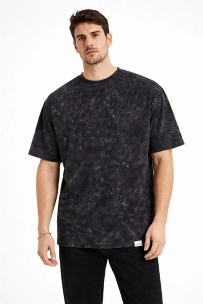 JANES Tricou pentru bărbați Acid Wash guler rotund cu mânecă scurtă supradime...