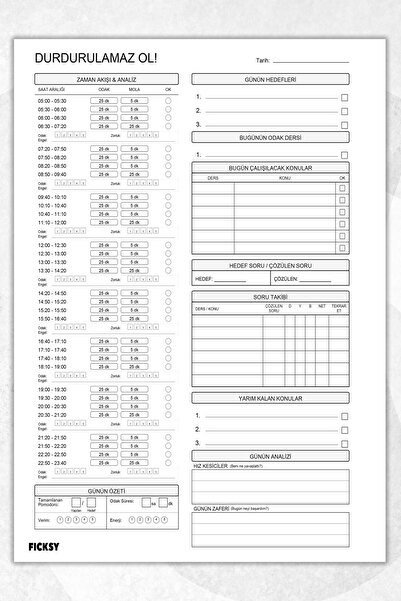 Ficksy Pomodoro Ders Çalışma Planlayıcı - A4 Ebat - 30 Yaprak - Günlük Planla...