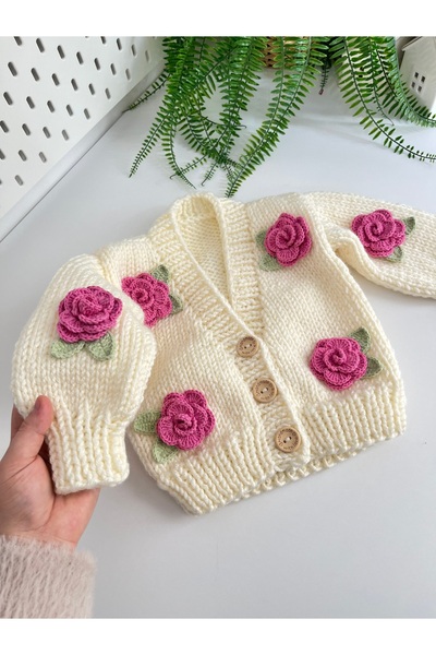 Alis Baby Collection Hand Knitted Cardigan / Rose Cardigan / Girl's Cardigan