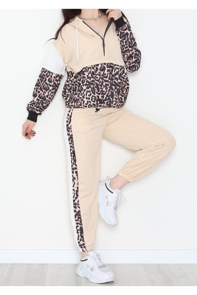 f.kereci Women's 2 Thread Leopard Detailed Tracksuit Set - Beige