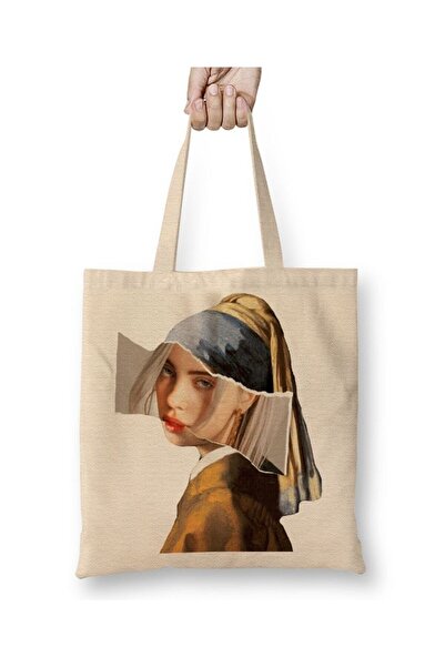 Toyaso Billie Eilish Pearl Earring Girl White Cloth Bag Long Handle Shopping ...