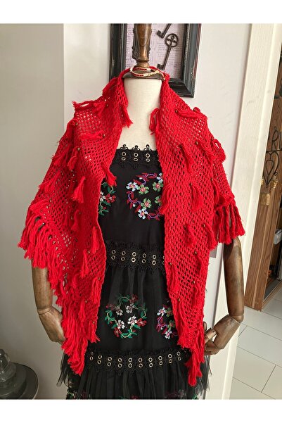 Hobi Kafe Hand Knitted Tasseled Triangle Shoulder Shawl