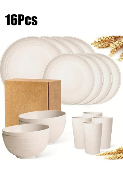Generic Tableware Set 16Pcs Wheat Straw Plates and Bowls Sets of 4, Unbreakab...