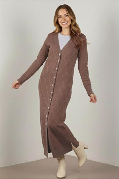 TRENDTESETTÜR KADIN VİZON BAKLAVA DESENLİ UZUN HIRKA T 5923