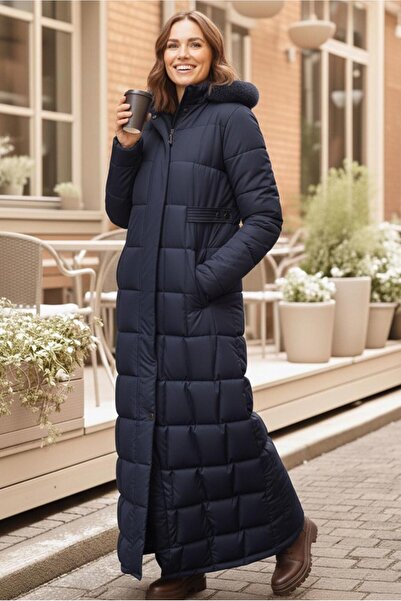 TRENDTESETTÜR Women's Navy Blue K Hooded Quilted Coat t 5002