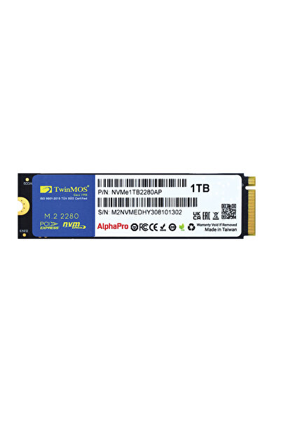 Genel Markalar TwinMOS NVMe1TB2280AP, AlphaPro, 1TB, 3600-3250Mb/s, Gen3, NVMe PCIe M.2 2280, SSD, TLC, 3DNAND