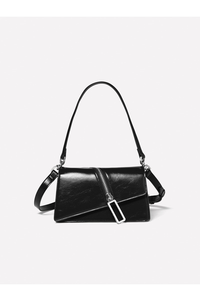 Sisley Women's Black Shiny Shoulder Strap Flap Box Bag