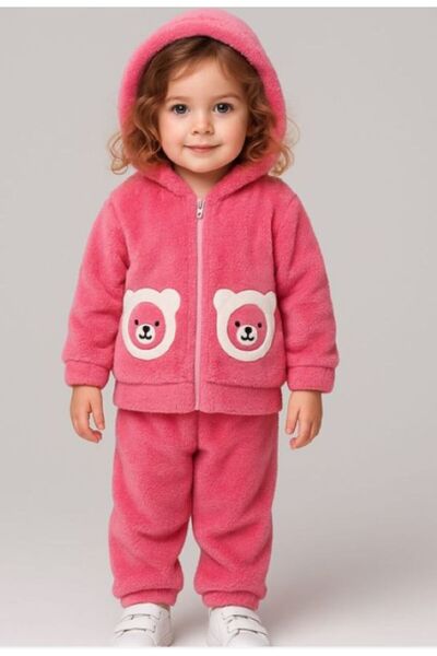 LİLORA Baby Girl Winter Plush Tracksuit Set with Hooded Teddy Bear Detail