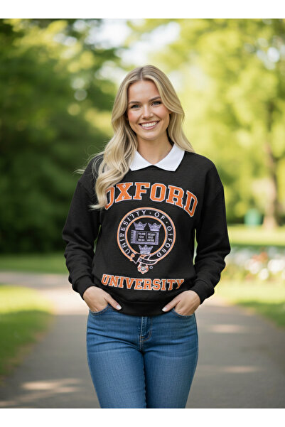 NEW JOURNAL Γυναικείο Μαύρο Φούτερ με τύπωμα Γιακάς πουκαμίσου NJ34