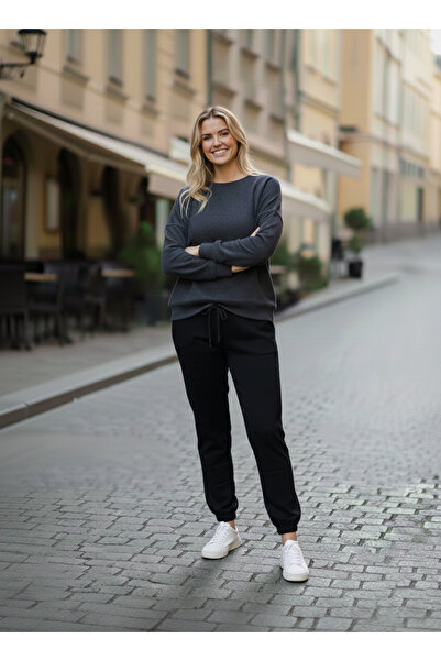 NEW JOURNAL Pantaloni de trening negri pentru femei, cu 2 fire, Y talie înalt...