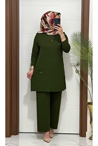 modasura 1333 K 90 haki tokalı fitilli burgu kumaş tunik pantolon takım buyuk...