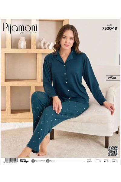 Pijamoni Kadın Milan Kumaş Uzun Kollu Düğmeli Pijama Takımı