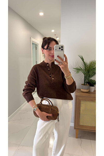 BİRCANÇİL Jelly Dark Cinnamon Gold Button Detailed Knitwear