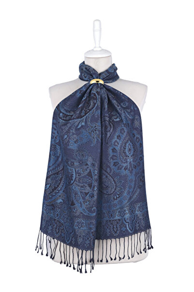 Bursa İpek Eșarfă din mătase țesută Jamawar neagră indigo