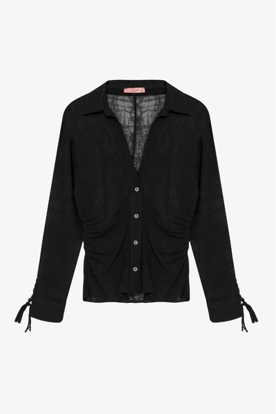 Quzu Drawstring Detailed Transparent Shirt Black