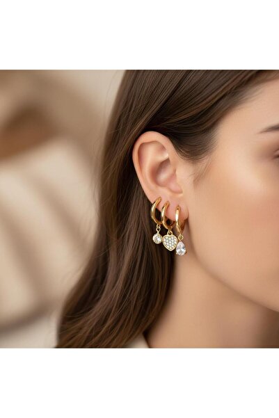 BuradaBuldun 3 أقراط ذات مظهر حلقي واحد - تفاصيل على شكل قلب وحجر - ذهبي - فولاذ