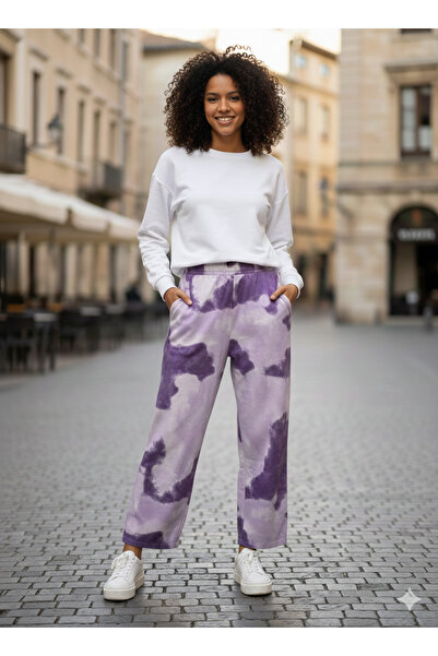 NEW JOURNAL Kadın Lila Baskılı Beli Lastikli Yüksek Bel Eşofman Altı NJ18