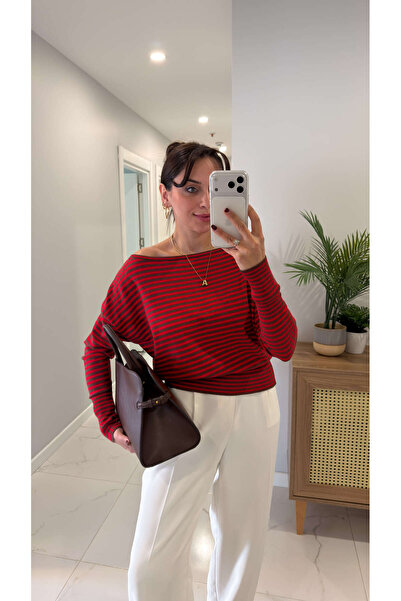 BİRCANÇİL Moldetra Brown Red One-Shoulder Open Striped Knitwear