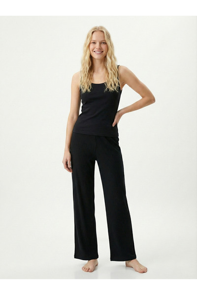 NEW JOURNAL Pantaloni negri pentru femei cu textură moale cu detaliu tip ochi...