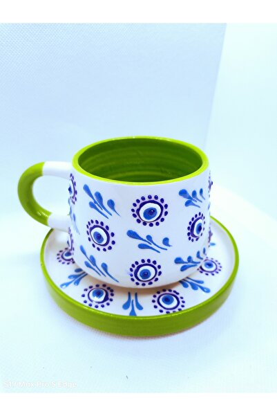 Kabartma Nazar Boncuğu Desen Tabaklı Yeşil Renk El Yapımı Seramik Çay Fincanı Kahve Fincanı Kupa Mug