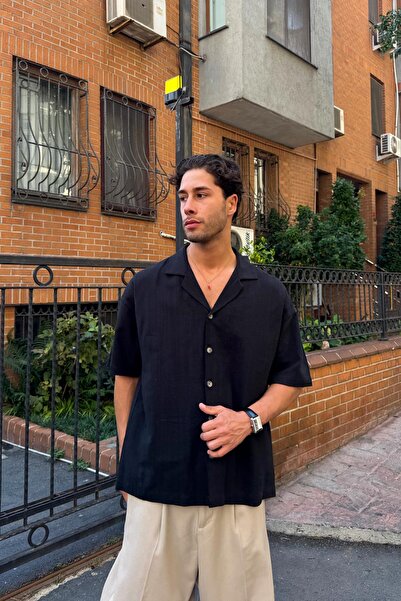 Flaw Wear Apaş Yaka Oversized Short Sleeve Shirt Black