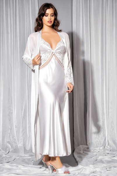 aynora Kadın Boncuk Detaylı Dantelli Beyaz Uzun Gecelik Sabahlık Takımı