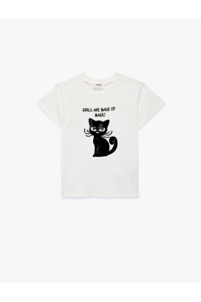 Koton Cotton Short Sleeve Crew Neck Cat Printed Sequin Sequined T-Shirt