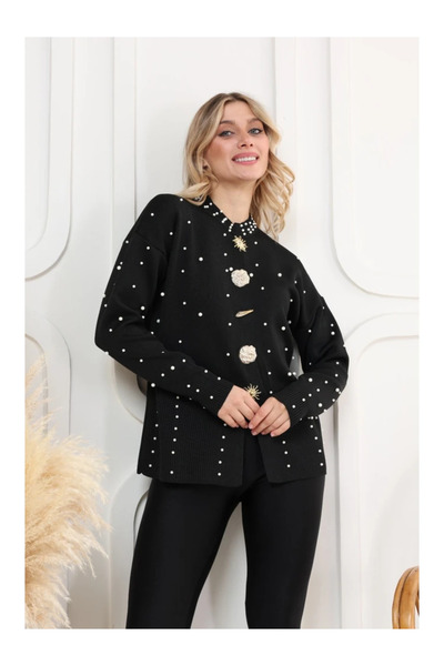 mahira collection Black Women's Stylish Buttoned Pearl Knitwear Y Slit Sweater