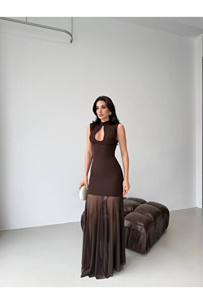 LOCH BUTİK Women's Brown Skirt Tulle Flowy Maxi Dress