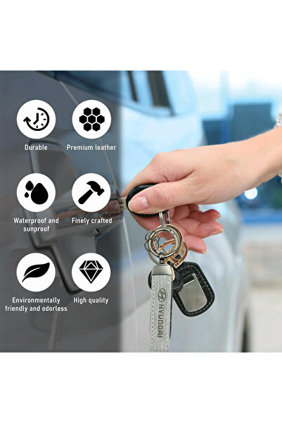 Hyundai سلسلة مفاتيح من الجلد وألياف الكربون مع حلقة معدنية قابلة للدوران 360 درجة، حامل مفاتيح سيارة متين، لون رمادي