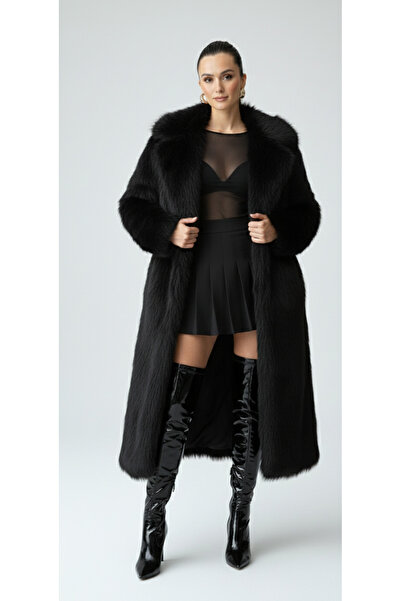 SONGÜLBERİK Kadın Siyah Lüks Suni Kürk Palto