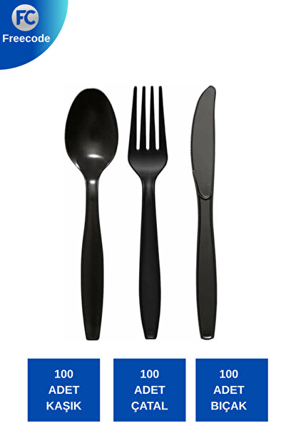 Freecode Siyah Plastik Çatal Kaşık Bıçak Seti 3’lü | Tek Kullanımlık | Dayanı...