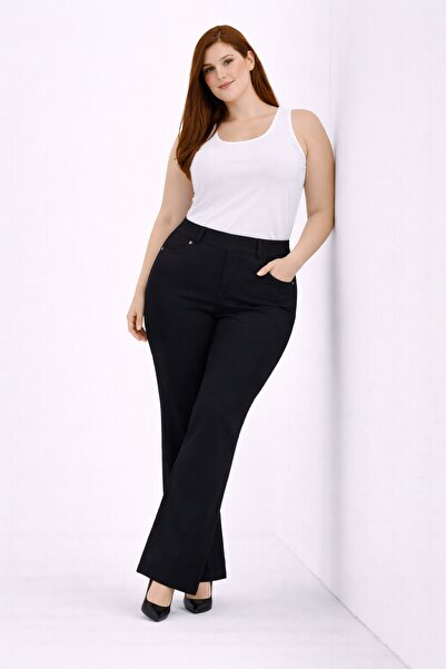 Şans Women's Plus Size Black, High Waist, Elastic Waist Bengaline Fabric Flar...