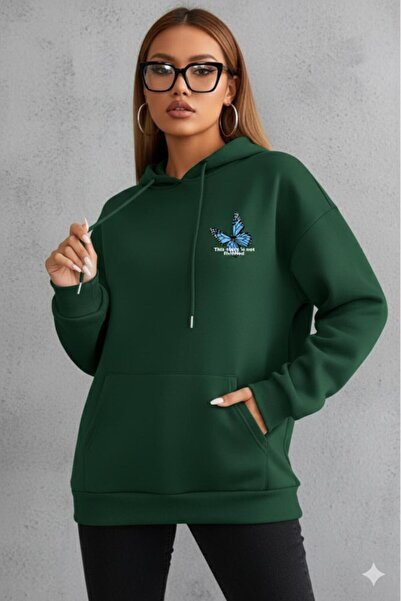 NO 601 Women's Green Back Letter Butterfly Printed Hooded Sweatshirt