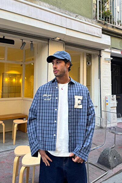 Flaw Wear E Embroidery Plaid Oversized Shirt Gray