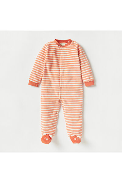 Juniors Striped Velour Sleepsuit with Button Closure and Applique Detail