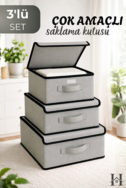 HURCEVİM 3’lü Gri Kutu Hurç Seti - Kapaklı Saklama Kutusu, Dolap İçi Organize...