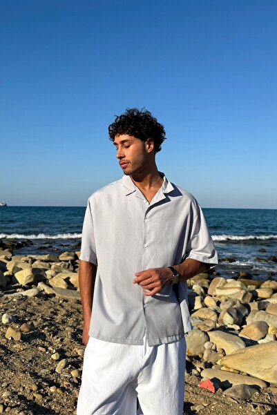 Flaw Wear Apaş Yaka Oversized Short Sleeve Shirt Ice Gray