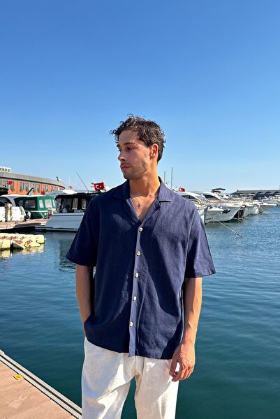 Flaw Wear Apaş Collar Oversized Short Sleeve Shirt Navy Blue