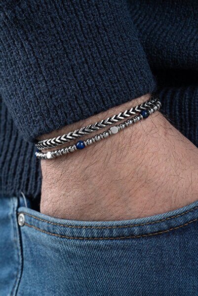 FRNCH 316L Çelik ve Lapis Lazuli Doğal Taşlı Lacivert Renk Erkek Bileklik FRJ...