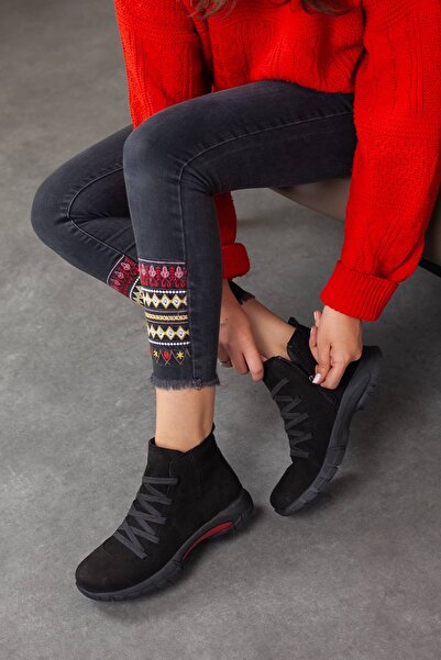 Adım Adım Women's Genuine Leather Elastic Lace-Up and Zippered Nubuck Boots