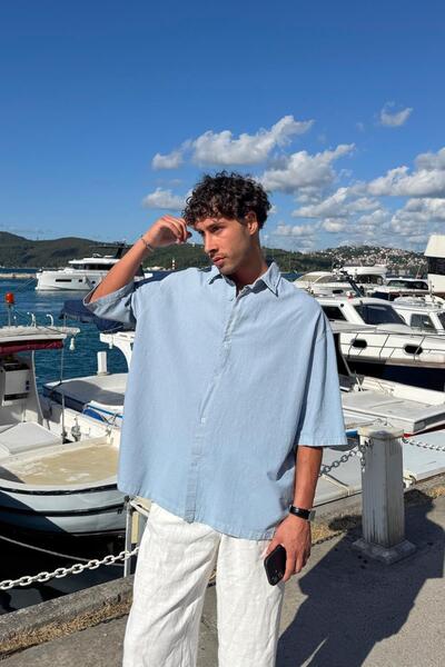 Flaw Wear Basic Oversized Short Sleeve Linen Shirt Light Blue