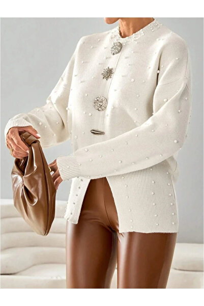 mahira collection Women's Stylish Buttoned Pearl Tricot Y Slit Sweater